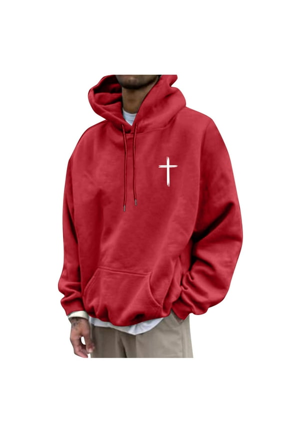 Mens Jesus Hoodie Cross Print Pullover Sweatshirt Christian Religious Long Sleeve Tops Oversized Red S