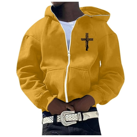 Mens Jesus Hoodie Retro Cross Print Long Sleeve Zip Up Hoodies Casual Fall Winter Relaxed Fit Streetwear Graphic Hoodie