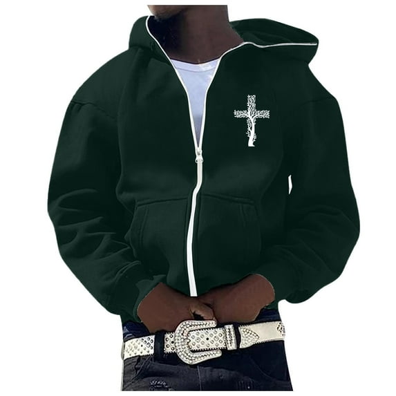Mens Jesus Hoodie Retro Cross Print Long Sleeve Zip Up Hoodies Casual Fall Winter Relaxed Fit Streetwear Hoodies for Men Graphic
