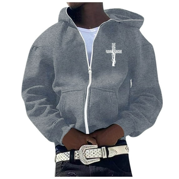 Mens Jesus Hoodie Retro Cross Print Long Sleeve Zip Up Hoodies Casual Fall Winter Relaxed Fit Streetwear Workout Hoodies for Men
