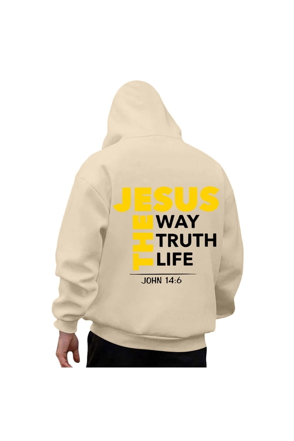 Mens Jesus Hoodie The Way Truth Life Religious Christian Faith Pullover Sweatshirt Beige L