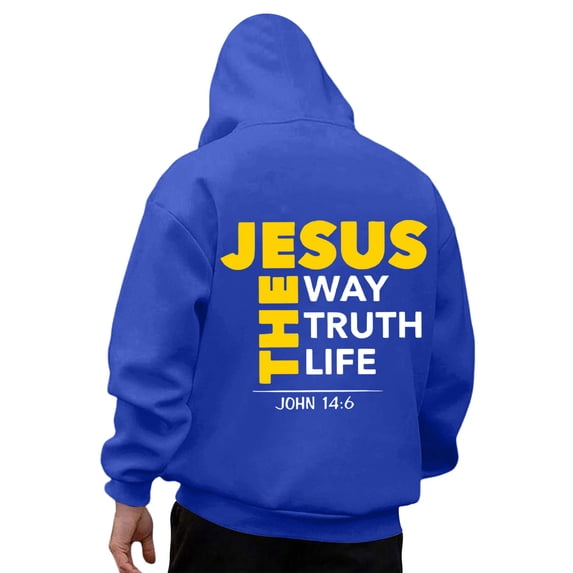 Mens Jesus Hoodie The Way Truth Life Religious Christian Faith Pullover Sweatshirt Blue L