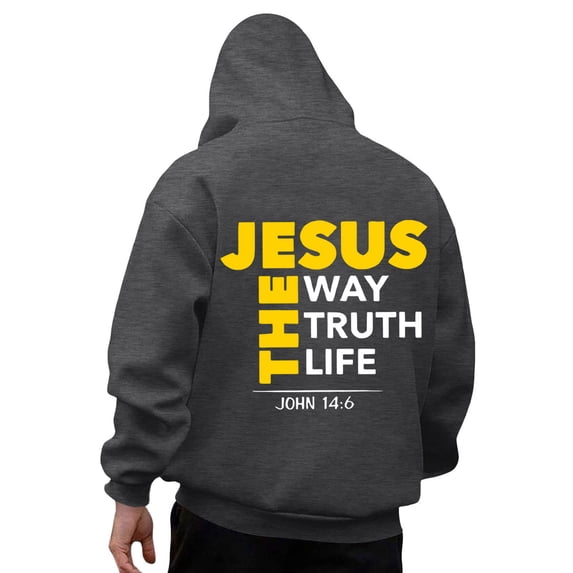 Mens Jesus Hoodie The Way Truth Life Religious Christian Faith Pullover Sweatshirt Grey L