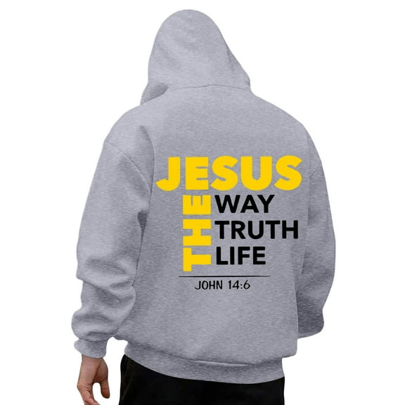 Mens Jesus Hoodie The Way Truth Life Religious Christian Faith Pullover Sweatshirt Light Gray XL