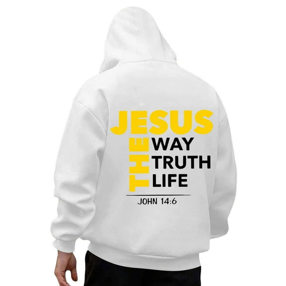 Mens Jesus Hoodie The Way Truth Life Religious Christian Faith Pullover Sweatshirt White XL