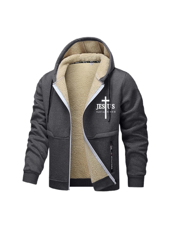 Mens Jesus Hoodies Christian Fleece Lined Zip Up Cross Thick Heavyweight Jackets Winter Warm Dark Gray XL