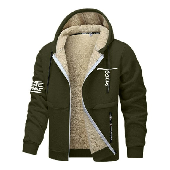 Mens Jesus Hoodies Christian Fleece Lined Zip Up Cross Thick Heavyweight Jackets Winter Warm Green S