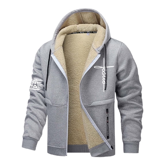 Mens Jesus Hoodies Christian Fleece Lined Zip Up Cross Thick Heavyweight Jackets Winter Warm Grey L