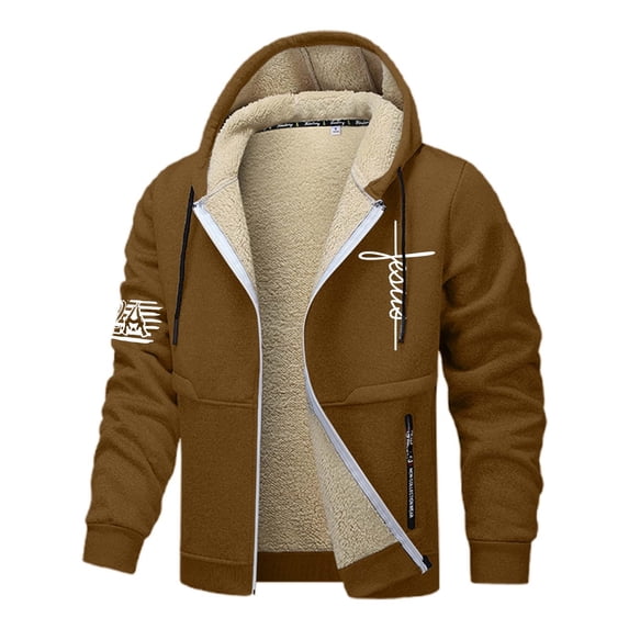 Mens Jesus Hoodies Christian Fleece Lined Zip Up Cross Thick Heavyweight Jackets Winter Warm Khaki M