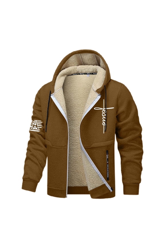 Mens Jesus Hoodies Christian Fleece Lined Zip Up Cross Thick Heavyweight Jackets Winter Warm Khaki S
