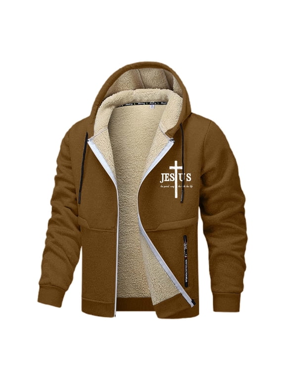 Mens Jesus Hoodies Christian Fleece Lined Zip Up Cross Thick Heavyweight Jackets Winter Warm Khaki S