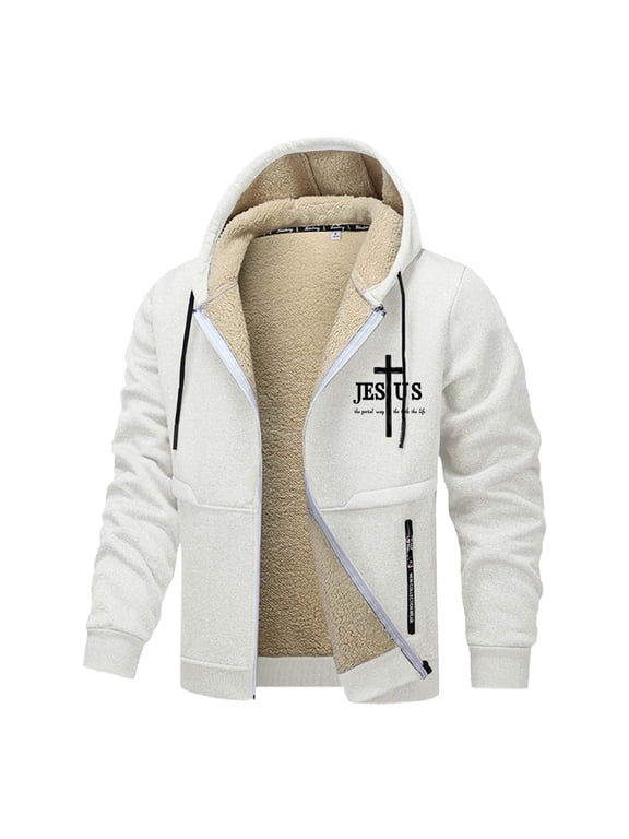 Mens Jesus Hoodies Christian Fleece Lined Zip Up Cross Thick Heavyweight Jackets Winter Warm White S