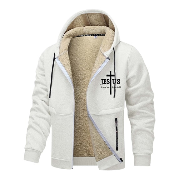 Mens Jesus Hoodies Christian Fleece Lined Zip Up Cross Thick Heavyweight Jackets Winter Warm White XXXL