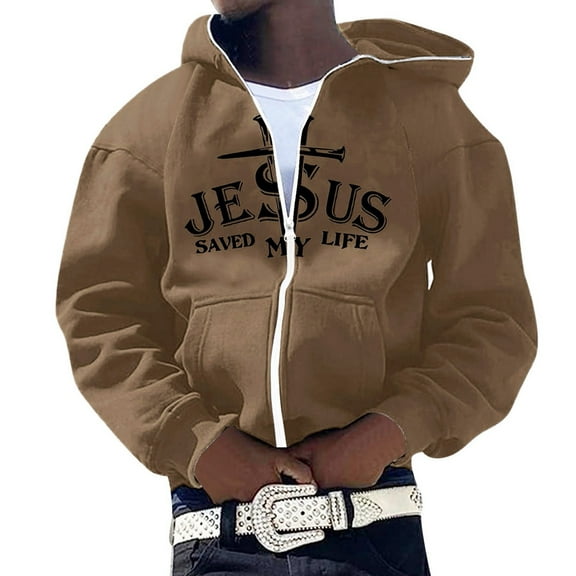 Mens Jesus Hoodies Faith Christian Zip Up Letter Print Long Sleeve Sweatshirt Y2K Fall Winter Coffee L