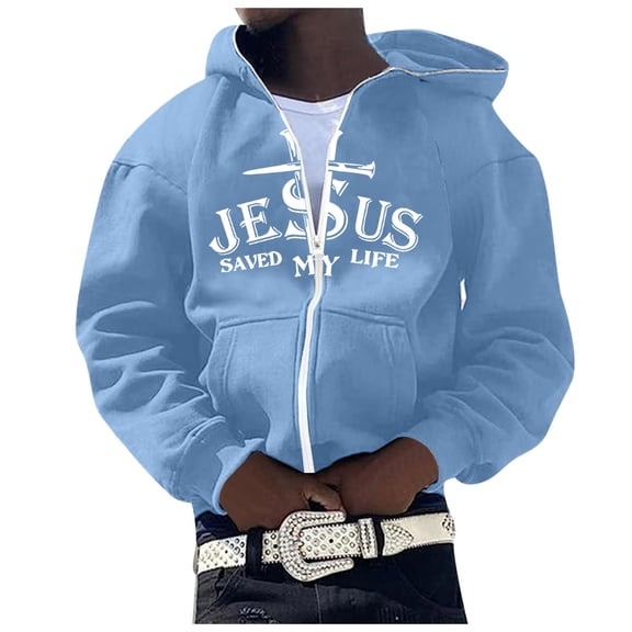 Mens Jesus Hoodies Faith Christian Zip Up Letter Print Long Sleeve Sweatshirt Y2K Fall Winter Sky Blue L