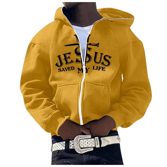 Mens Jesus Hoodies Faith Christian Zip Up Letter Print Long Sleeve Sweatshirt Y2K Fall Winter Yellow L
