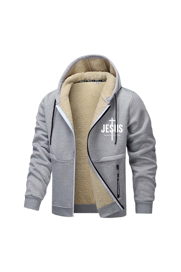 Mens Jesus Hoodies Fleece Lined Christian Cross Zip Up Thick Heavyweight Jackets Winter Warm Grey XXL