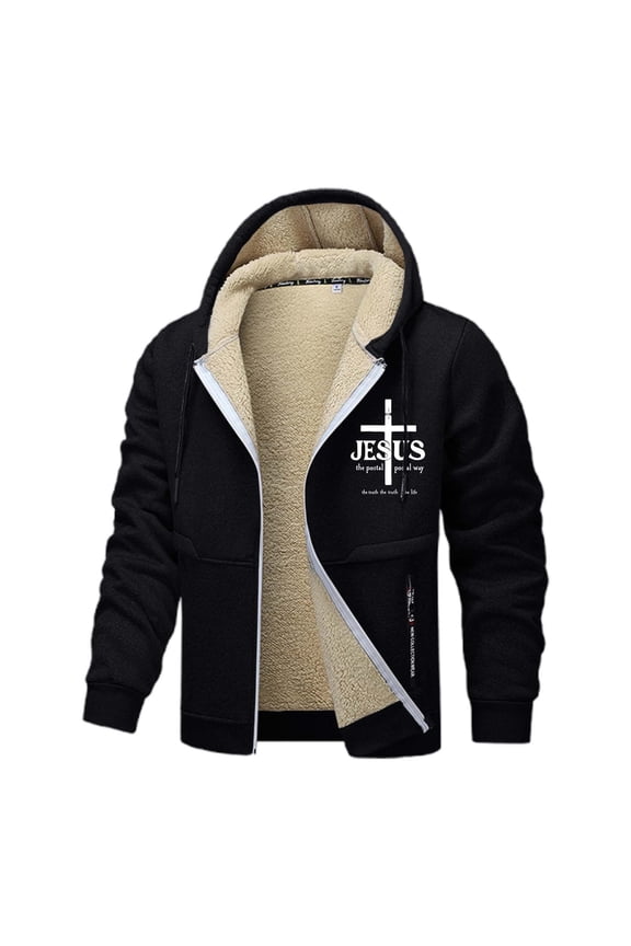 Mens Jesus Hoodies Fleece Lined Christian Cross Zip Up Thick Winter Warm Jackets Heavyweight White S