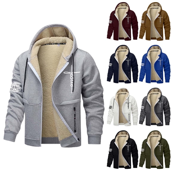 Mens Jesus Hoodies Fleece Lined Christian Zip Up Cross Thick Heavyweight Jackets Winter Warm Black L