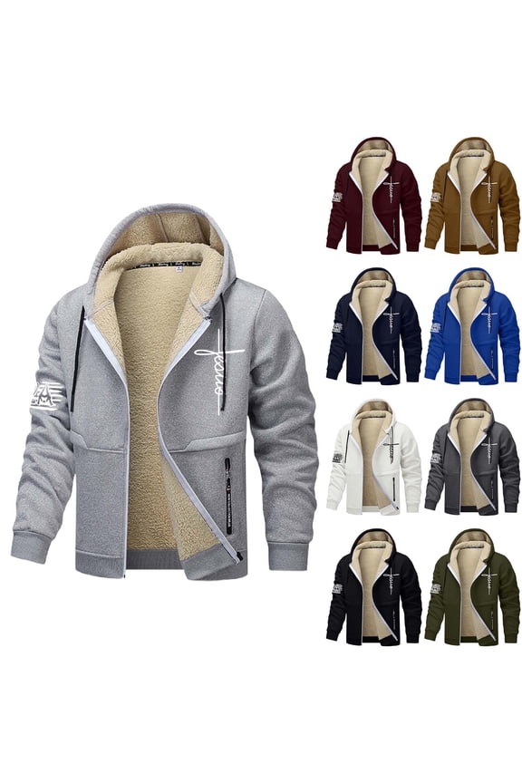 Mens Jesus Hoodies Fleece Lined Christian Zip Up Cross Thick Heavyweight Jackets Winter Warm Black L