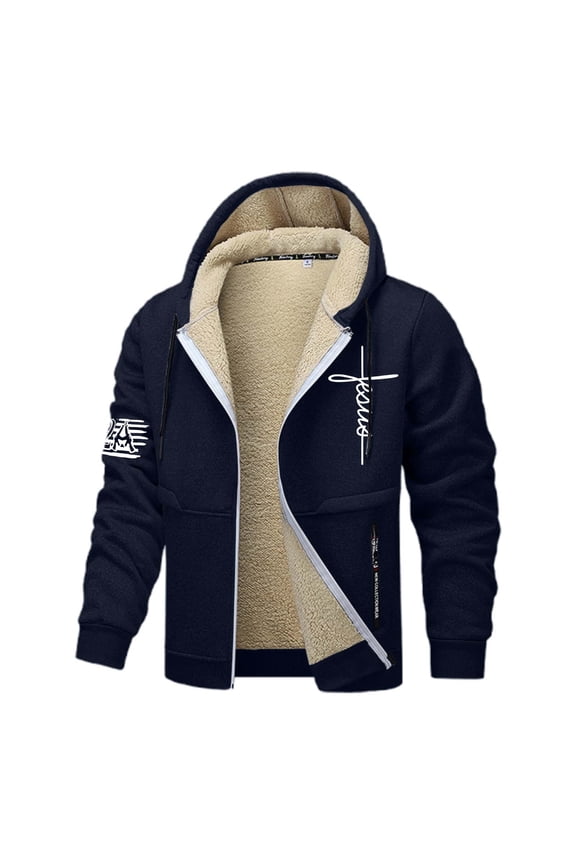 Mens Jesus Hoodies Fleece Lined Christian Zip Up Cross Thick Heavyweight Jackets Winter Warm White L