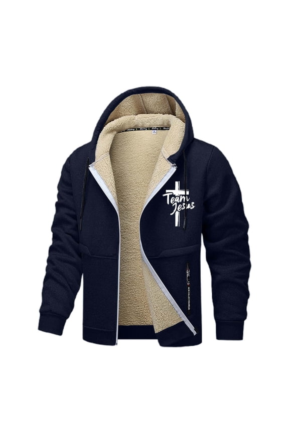 Mens Jesus Hoodies Warm Christian Fleece Lined Cross Zip Up Thick Heavyweight Jackets Winter Blue M