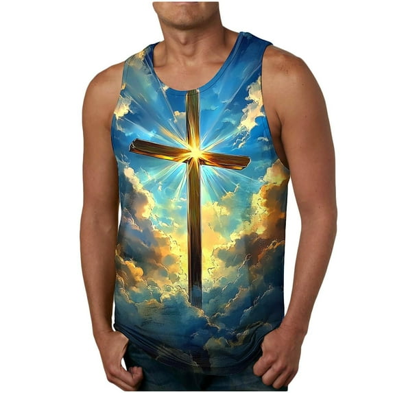 Mens Jesus Sleeveless T-Shirts Muscle Fit Tank Top 3D Print Cross Graphic Shirts Gym Workout Tee Shirt