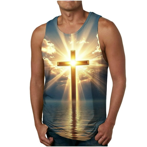 Mens Jesus Sleeveless T-Shirts Muscle Fit Tank Top 3D Print Cross Graphic Shirts Gym Workout Tee Shirt