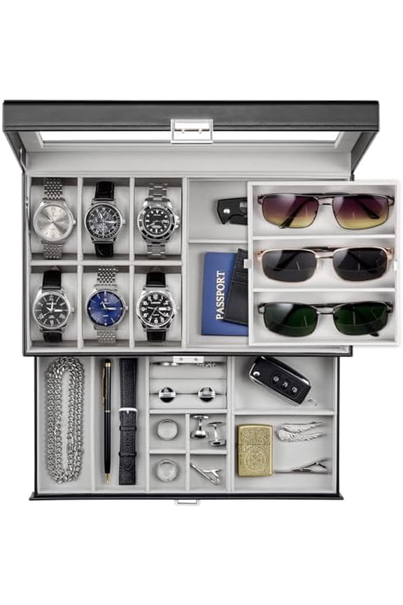 Mens Jewelry Box, Lockable 6 Slot Watch Case & 3 Slot Sunglasses Organizer, 2-layer Mens Jewelry Organizer Watch Box for Men, Watches Holder Display Storage Valentine Birthday Gifts -Black