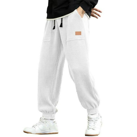 Mens Jogger Pants Mens Sweatpants Male Autumn And Winter Thickened Corduroy Solid Color Trousers With Multiple Pockets And Leather Label Lace Up Pants