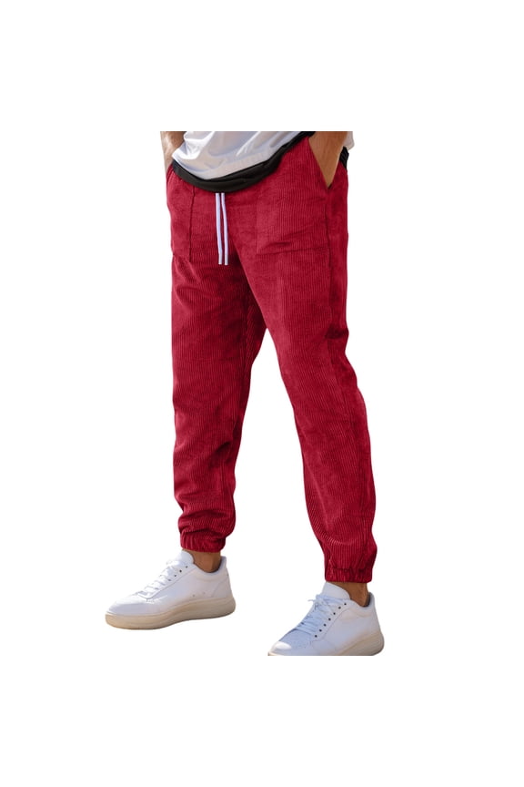 Mens Jogger Pockets Pants Fall Winter Retro Leg Lace Up Sports Casual Trousers Red Pant