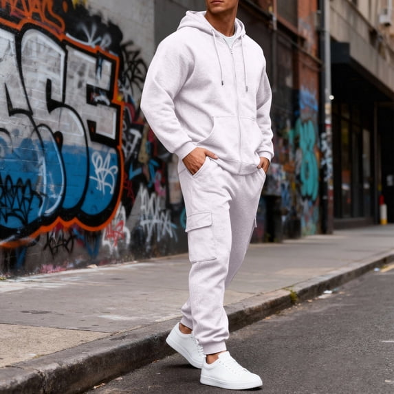 Mens Jogger Sets 2 Piece Outfits Casual Lightweight Hoodies and Sweatpants fall Winter Long Sleeve Tracksuit Jogger Sweatpants White M