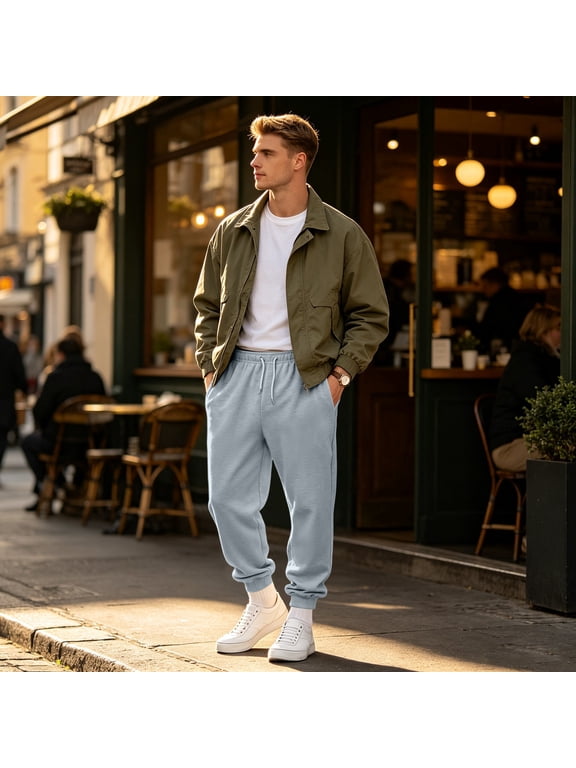 Mens Jogger Sweatpants Drawstring Elastic Waist Ribbed Cuffed Ankle Pants Solid Color Loose Fit Casual Trousers
