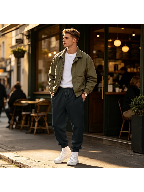 Mens Jogger Sweatpants Solid Color Loose Fit Casual Trousers Drawstring Elastic Waist Ribbed Cuffed Ankle Pants