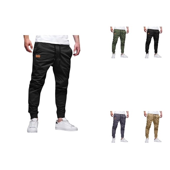 Mens Joggers Pants, Cotton Drawstring Chino Cargo, Casual Sweatpants, Twill Track, Hiking Outdoor, Multiple Pockets