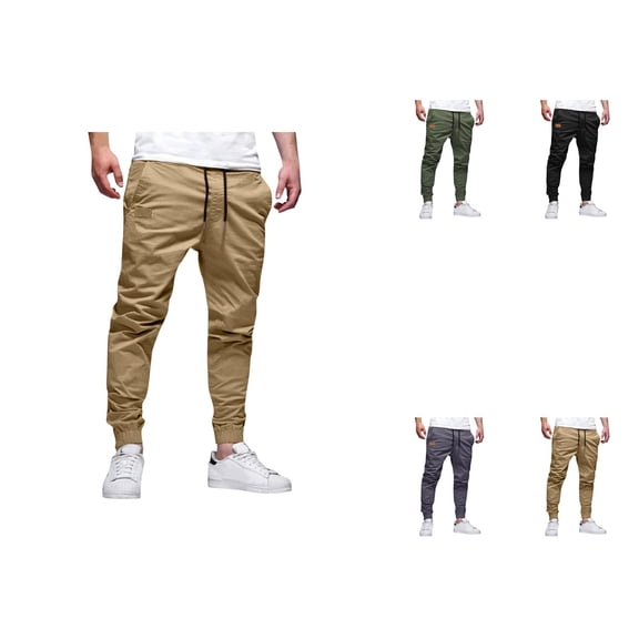 Mens Joggers Pants, Cotton Drawstring Chino Cargo, Casual Sweatpants, Twill Track, Hiking Outdoor, Multiple Pockets