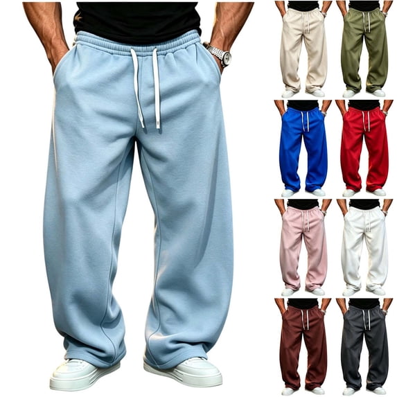 Mens Jogging Pants Drawstring Straight Leg Sports Sweatpants Casual Athletic Joggers with Pockets Solid Color Elastic Waist Lounge Trousers