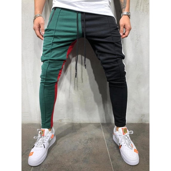 Mens Jogging Pants Fashion Color Block Plaid Patchwork Slim Fit Sports Hip Hop Trousers Long Slacks Pants