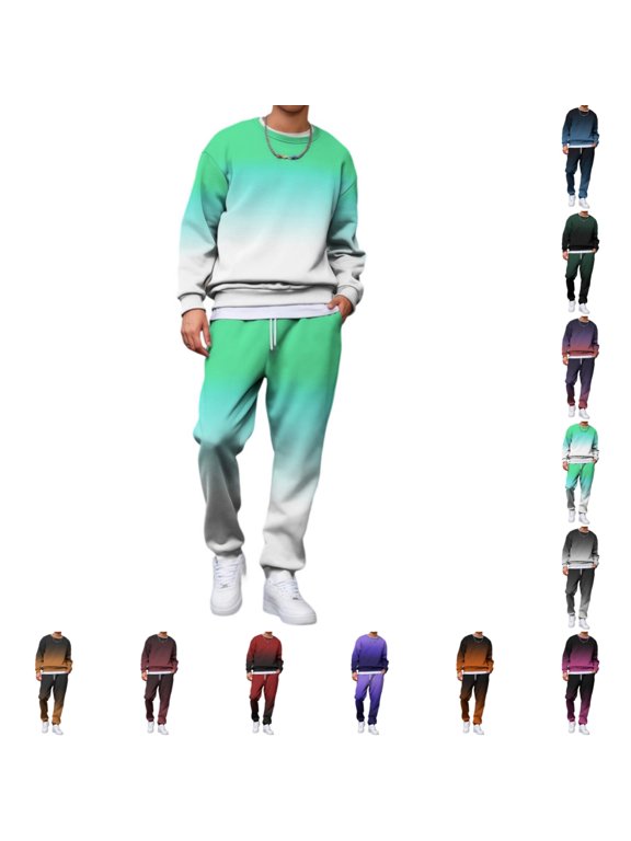 Mens Jogging Suits Long Sleeve Crew Neck Gradient Print Sweatshirt Jogger Pants Casual Baggy Track Suits 2 Piece Set Sports Gym Green 5XL