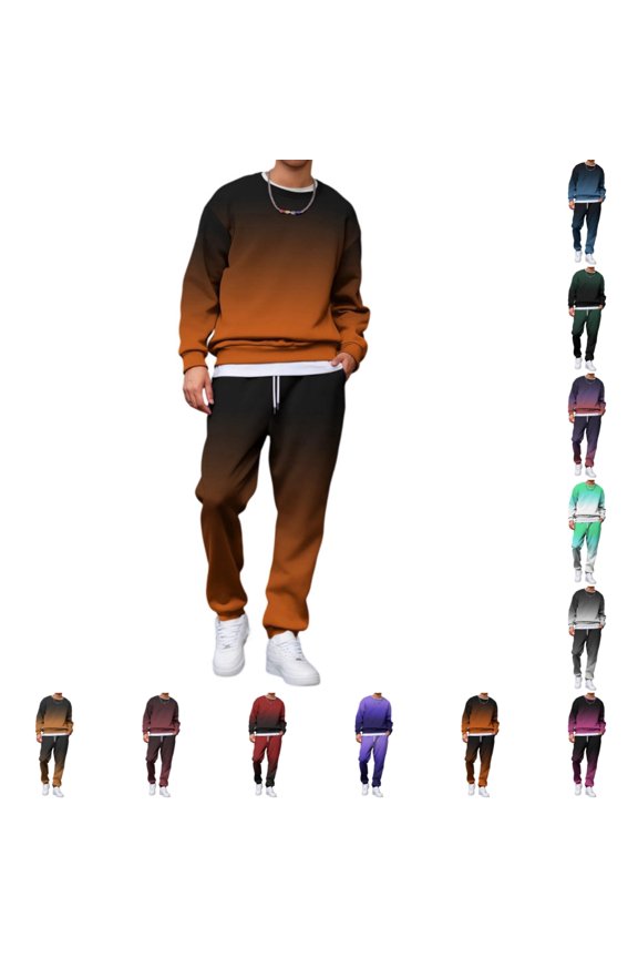 Mens Jogging Suits Long Sleeve Crew Neck Gradient Print Sweatshirt Jogger Pants Casual Baggy Track Suits 2 Piece Set Sports Gym Orange 2XL