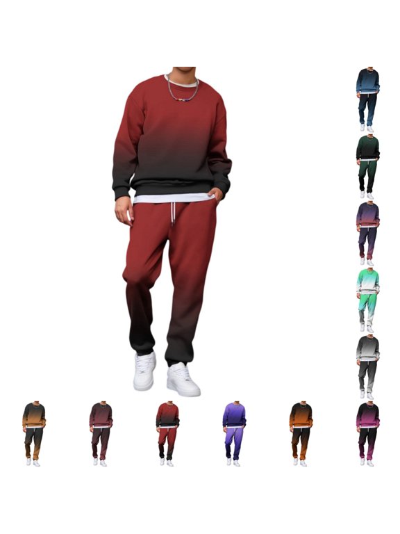 Mens Jogging Suits Long Sleeve Crew Neck Gradient Print Sweatshirt Jogger Pants Casual Baggy Track Suits 2 Piece Set Sports Gym Red S