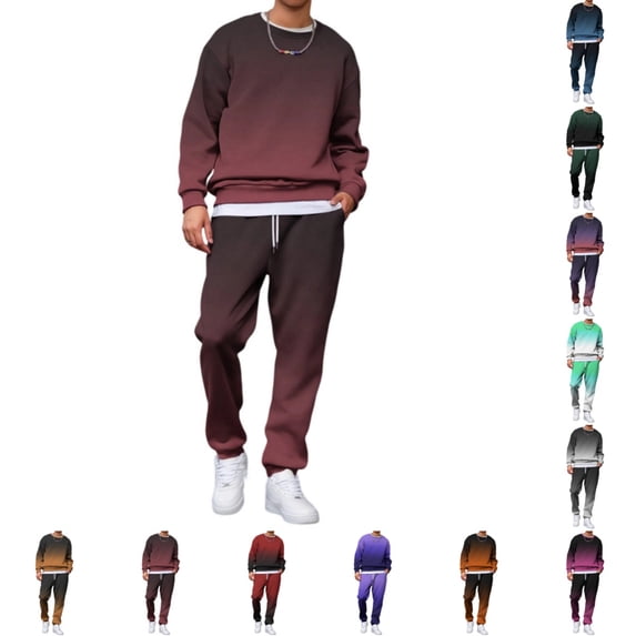 Mens Jogging Suits Long Sleeve Crew Neck Gradient Print Sweatshirt Jogger Pants Casual Baggy Track Suits 2 Piece Set Sports Gym Wine XL