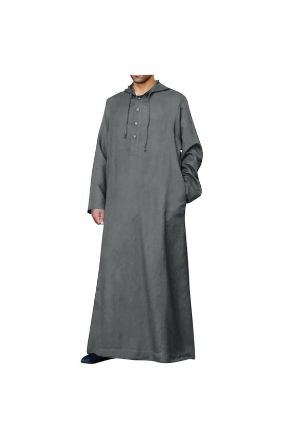 Mens Kaftan Hooded Robe Linen V Neck Long Night Gown Shirt Muslim Thobe Middle East Saudi Arab Kaftan Islamic Abaya