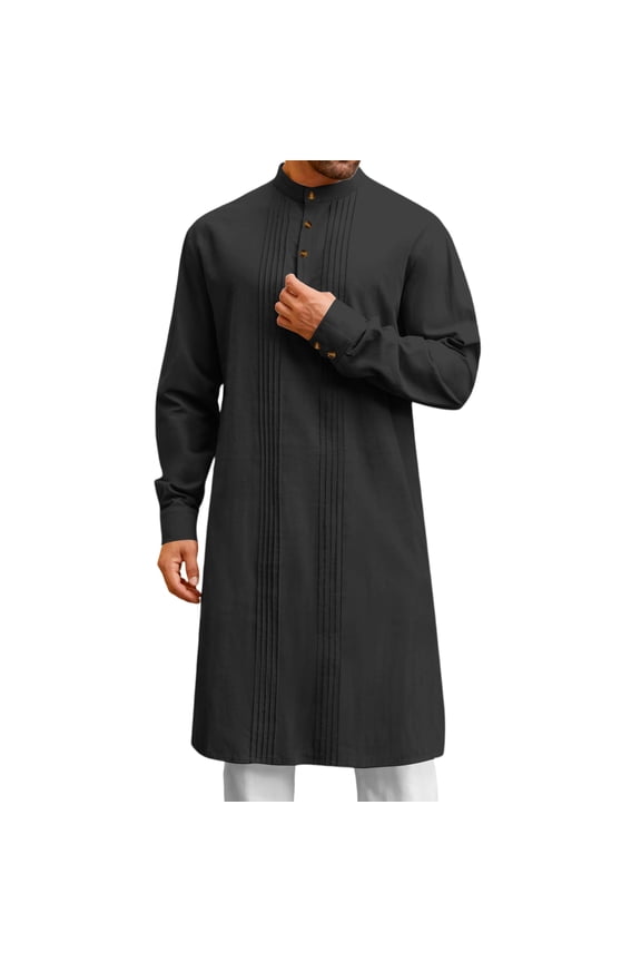 Mens Kaftan Kurta Set for Men Kaftan for Men Caftan Thobe for Men Mens Kaftan Robe Button Down Long Sleeve Cotton Linen Thobe Casual Muslim Gown Henley Shirt, Black-M