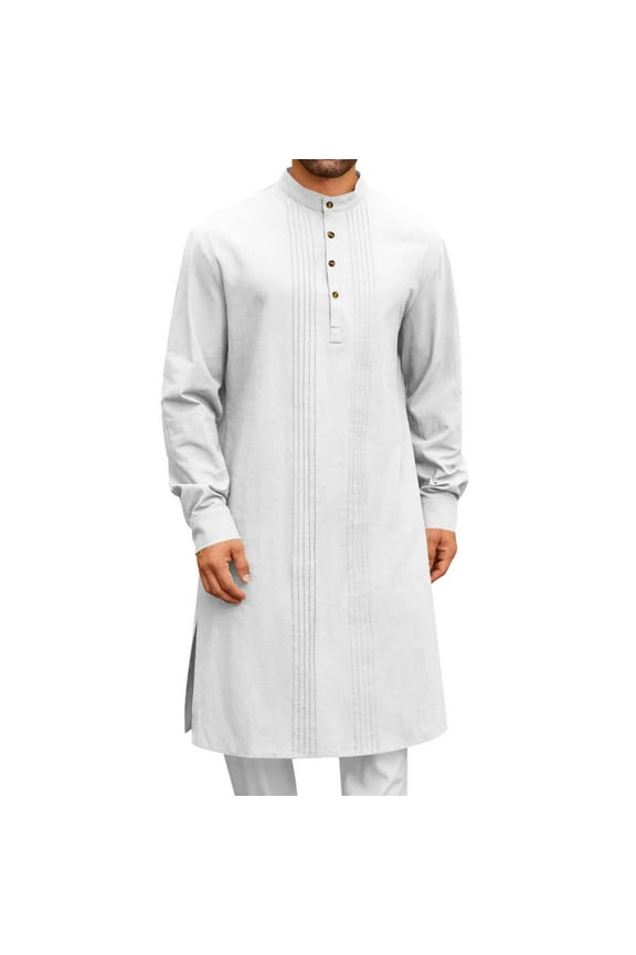 Mens Kaftan Robe Button Down Long Sleeve Cotton Linen Thobe Casual Muslim Gown Henley Shirt White XL