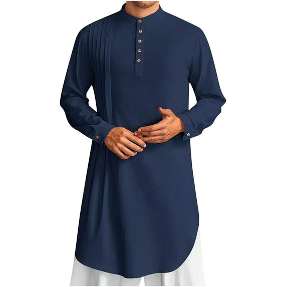 Mens Kaftan Robe Button Down Long Sleeve Linen Thobe Casual Muslim Gown Classic Banded Collar Henley Shirt