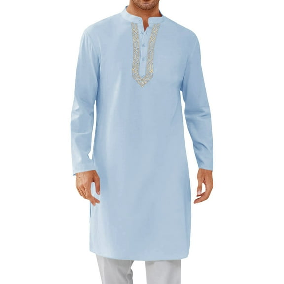 Mens Kaftan Thobe Button Down Casual Henley Shirts Long Sleeve Robe Cotton Linen Muslim Gown Shirt Blue M