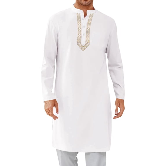 Mens Kaftan Thobe Button Down Casual Henley Shirts Long Sleeve Robe Cotton Linen Muslim Gown Shirt White S