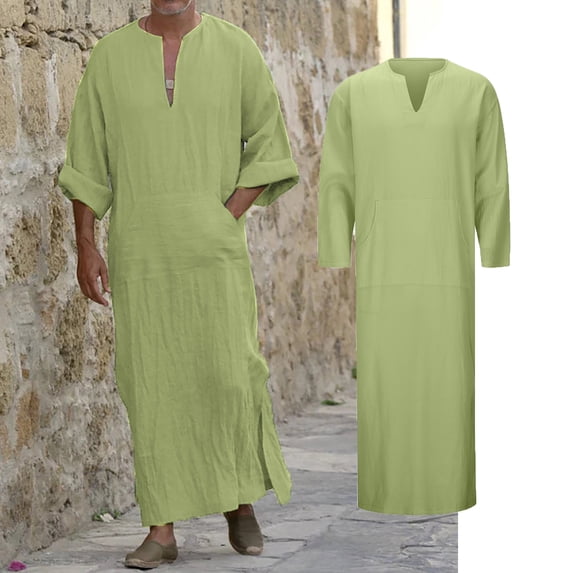 Mens Kaftan Thobe Casual Long Sleeve Mens Tunic Button Down Collar Muslim Dress For Men Thobe