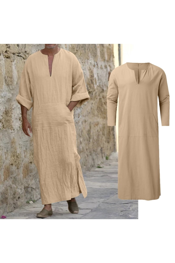Mens Kaftan Thobe Casual Long Sleeve Robe Tunic Button Down Collar Muslim Men Clothing Thobe